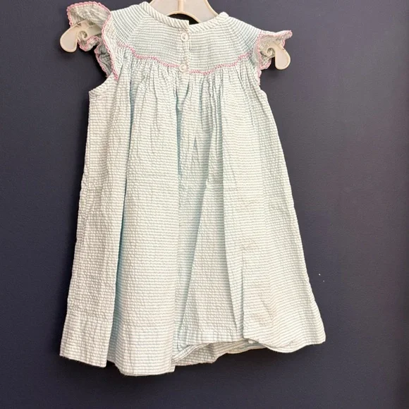 Classic Whimsy Smocked Dress 12M Blue White Seersucker Floral Embroidered - Picture 8 of 8
